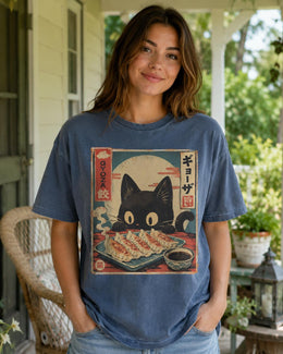 Gyoza Cat Shirt, Cute Black Cat Dumpling Tee, Japanese Food Comfort Colors T-Shirt, Kawaii Cat Lover Gift