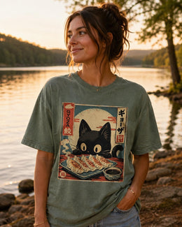 Gyoza Cat Shirt, Cute Black Cat Dumpling Tee, Japanese Food Comfort Colors T-Shirt, Kawaii Cat Lover Gift