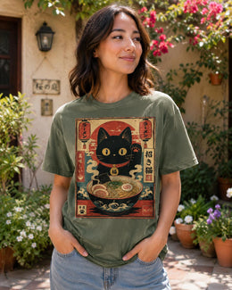 Lucky Ramen Cat Shirt, Cute Black Cat Noodle Tee, Japanese Food Comfort Colors T-Shirt, Kawaii Cat Lover Gift