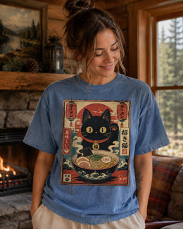 Lucky Ramen Cat Shirt, Cute Black Cat Noodle Tee, Japanese Food Comfort Colors T-Shirt, Kawaii Cat Lover Gift