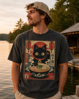 Lucky Ramen Cat Shirt, Cute Black Cat Noodle Tee, Japanese Food Comfort Colors T-Shirt, Kawaii Cat Lover Gift