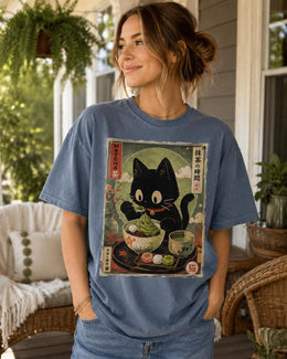 Matcha Cat Shirt, Cute Black Cat Japanese Dessert Tee, Kawaii Comfort Colors T-Shirt, Green Tea Lover Gift