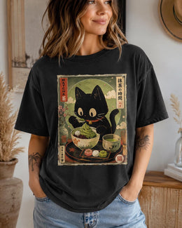 Matcha Cat Shirt, Cute Black Cat Japanese Dessert Tee, Kawaii Comfort Colors T-Shirt, Green Tea Lover Gift