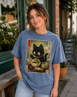 Matcha Cat Shirt, Cute Black Cat Japanese Dessert Tee, Kawaii Comfort Colors T-Shirt, Green Tea Lover Gift