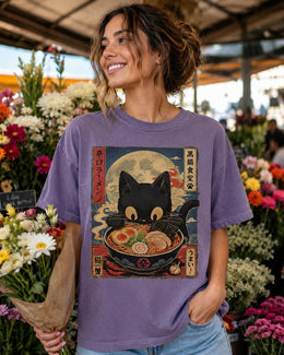 Spicy Ramen Cat Shirt, Cute Black Cat Noodle Tee, Japanese Food Comfort Colors T-Shirt, Kawaii Cat Lover Gift