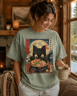 Spicy Ramen Cat Shirt, Cute Black Cat Noodle Tee, Japanese Food Comfort Colors T-Shirt, Kawaii Cat Lover Gift