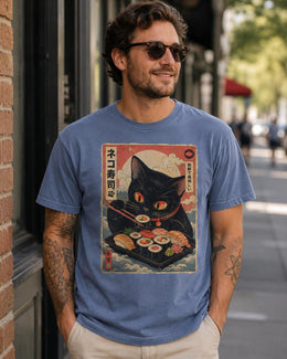 Sushi Cat Shirt, Cute Black Cat Japanese Food Tee, Kawaii Comfort Colors T-Shirt, Sushi Lover Gift