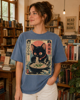 Udon Cat Shirt, Cute Black Cat Japanese Noodle Tee, Kawaii Comfort Colors T-Shirt, Udon Lover Gift