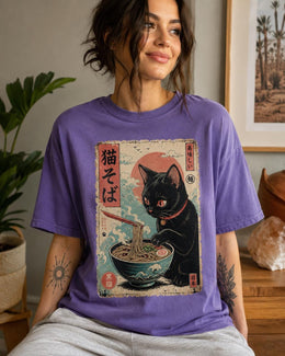 Soba Cat Shirt, Cute Black Cat Japanese Noodle Tee, Kawaii Comfort Colors T-Shirt, Noodle Lover Gift