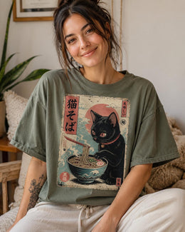 Soba Cat Shirt, Cute Black Cat Japanese Noodle Tee, Kawaii Comfort Colors T-Shirt, Noodle Lover Gift