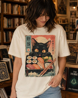 Bento Cat Shirt, Cute Black Cat Sushi Box Tee, Japanese Food Comfort Colors T-Shirt, Kawaii Cat Lover Gift