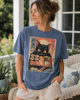 Bento Cat Shirt, Cute Black Cat Sushi Box Tee, Japanese Food Comfort Colors T-Shirt, Kawaii Cat Lover Gift