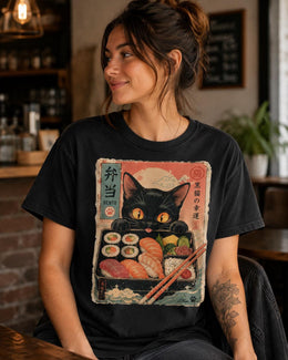 Bento Cat Shirt, Cute Black Cat Sushi Box Tee, Japanese Food Comfort Colors T-Shirt, Kawaii Cat Lover Gift