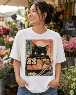 Bento Cat Shirt, Cute Black Cat Sushi Box Tee, Japanese Food Comfort Colors T-Shirt, Kawaii Cat Lover Gift