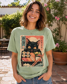 Bento Cat Shirt, Cute Black Cat Sushi Box Tee, Japanese Food Comfort Colors T-Shirt, Kawaii Cat Lover Gift