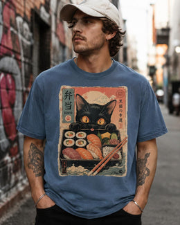 Bento Cat Shirt, Cute Black Cat Sushi Box Tee, Japanese Food Comfort Colors T-Shirt, Kawaii Cat Lover Gift