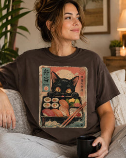 Bento Cat Shirt, Cute Black Cat Sushi Box Tee, Japanese Food Comfort Colors T-Shirt, Kawaii Cat Lover Gift