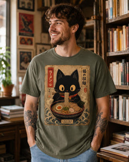 Ramen Cat Shirt, Black Cat Noodles Tee, Japanese Poster Comfort Colors T-Shirt, Cat Lover Gift