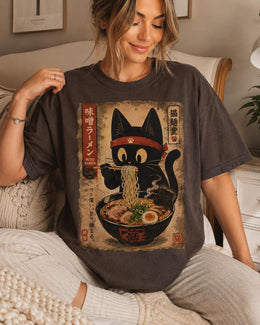 Miso Ramen Cat Shirt, Black Cat Noodles Tee, Japanese Poster Comfort Colors T-Shirt, Cat Lover Gift