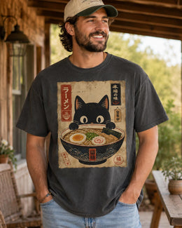Ramen Cat Shirt, Black Cat Noodle Bowl Tee, Japanese Poster Comfort Colors T-Shirt, Cat Lover Gift