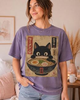 Ramen Cat Shirt, Black Cat Noodle Bowl Tee, Japanese Poster Comfort Colors T-Shirt, Cat Lover Gift