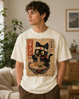 Happy Ramen Cat Shirt, Black Cat Noodles Tee, Japanese Poster Comfort Colors T-Shirt, Cat Lover Gift