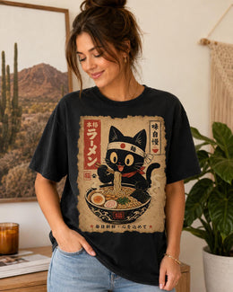 Happy Ramen Cat Shirt, Black Cat Noodles Tee, Japanese Poster Comfort Colors T-Shirt, Cat Lover Gift
