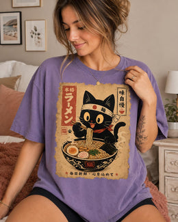 Happy Ramen Cat Shirt, Black Cat Noodles Tee, Japanese Poster Comfort Colors T-Shirt, Cat Lover Gift