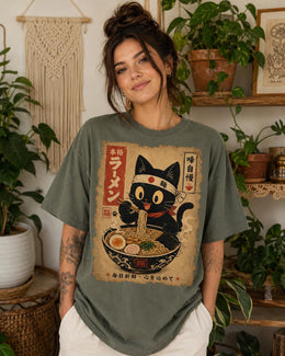 Happy Ramen Cat Shirt, Black Cat Noodles Tee, Japanese Poster Comfort Colors T-Shirt, Cat Lover Gift