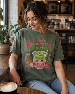 Sweet Strawberry Matcha Shirt, Cute Kawaii Drink Tee, Matcha Lover Comfort Colors T-Shirt, Cafe Gift