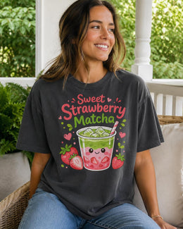 Sweet Strawberry Matcha Shirt, Cute Kawaii Drink Tee, Matcha Lover Comfort Colors T-Shirt, Cafe Gift