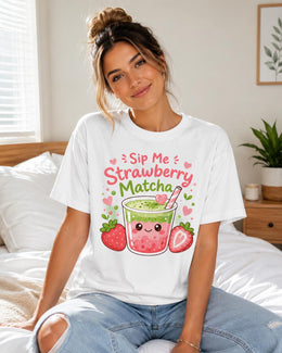 Sip Me Strawberry Matcha Shirt, Cute Kawaii Drink Tee, Matcha Lover Comfort Colors T-Shirt, Cafe Gift
