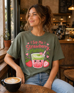 Sip Me Strawberry Matcha Shirt, Cute Kawaii Drink Tee, Matcha Lover Comfort Colors T-Shirt, Cafe Gift