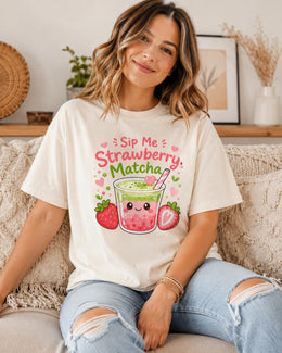 Sip Me Strawberry Matcha Shirt, Cute Kawaii Drink Tee, Matcha Lover Comfort Colors T-Shirt, Cafe Gift