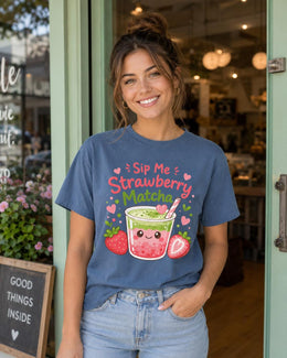 Sip Me Strawberry Matcha Shirt, Cute Kawaii Drink Tee, Matcha Lover Comfort Colors T-Shirt, Cafe Gift