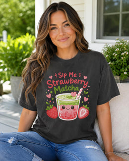 Sip Me Strawberry Matcha Shirt, Cute Kawaii Drink Tee, Matcha Lover Comfort Colors T-Shirt, Cafe Gift