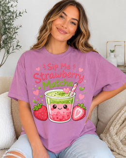 Sip Me Strawberry Matcha Shirt, Cute Kawaii Drink Tee, Matcha Lover Comfort Colors T-Shirt, Cafe Gift