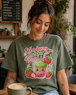 Strawberry Matcha Mood Shirt, Cute Kawaii Drink Tee, Matcha Lover Comfort Colors T-Shirt, Cafe Gift