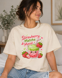 Strawberry Matcha Mood Shirt, Cute Kawaii Drink Tee, Matcha Lover Comfort Colors T-Shirt, Cafe Gift