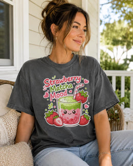 Strawberry Matcha Mood Shirt, Cute Kawaii Drink Tee, Matcha Lover Comfort Colors T-Shirt, Cafe Gift