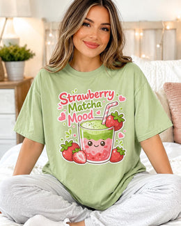 Strawberry Matcha Mood Shirt, Cute Kawaii Drink Tee, Matcha Lover Comfort Colors T-Shirt, Cafe Gift