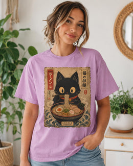 Ramen Cat Shirt, Black Cat Noodles Tee, Japanese Poster Comfort Colors T-Shirt, Cat Lover Gift