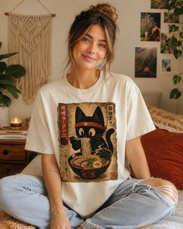 Miso Ramen Cat Shirt, Black Cat Noodles Tee, Japanese Poster Comfort Colors T-Shirt, Cat Lover Gift