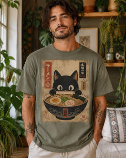Ramen Cat Shirt, Black Cat Noodle Bowl Tee, Japanese Poster Comfort Colors T-Shirt, Cat Lover Gift