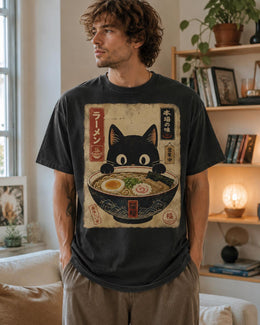Ramen Cat Shirt, Black Cat Noodle Bowl Tee, Japanese Poster Comfort Colors T-Shirt, Cat Lover Gift