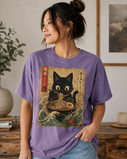 Spicy Ramen Cat Shirt, Black Cat Noodles Tee, Japanese Poster Comfort Colors T-Shirt, Cat Lover Gift