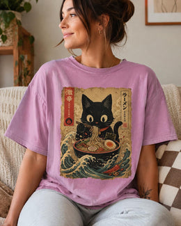 Spicy Ramen Cat Shirt, Black Cat Noodles Tee, Japanese Poster Comfort Colors T-Shirt, Cat Lover Gift