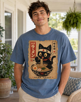 Happy Ramen Cat Shirt, Black Cat Noodles Tee, Japanese Poster Comfort Colors T-Shirt, Cat Lover Gift