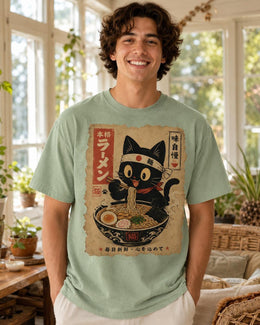 Happy Ramen Cat Shirt, Black Cat Noodles Tee, Japanese Poster Comfort Colors T-Shirt, Cat Lover Gift