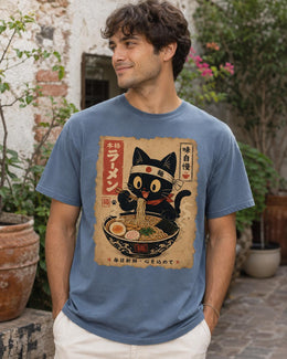Happy Ramen Cat Shirt, Black Cat Noodles Tee, Japanese Poster Comfort Colors T-Shirt, Cat Lover Gift